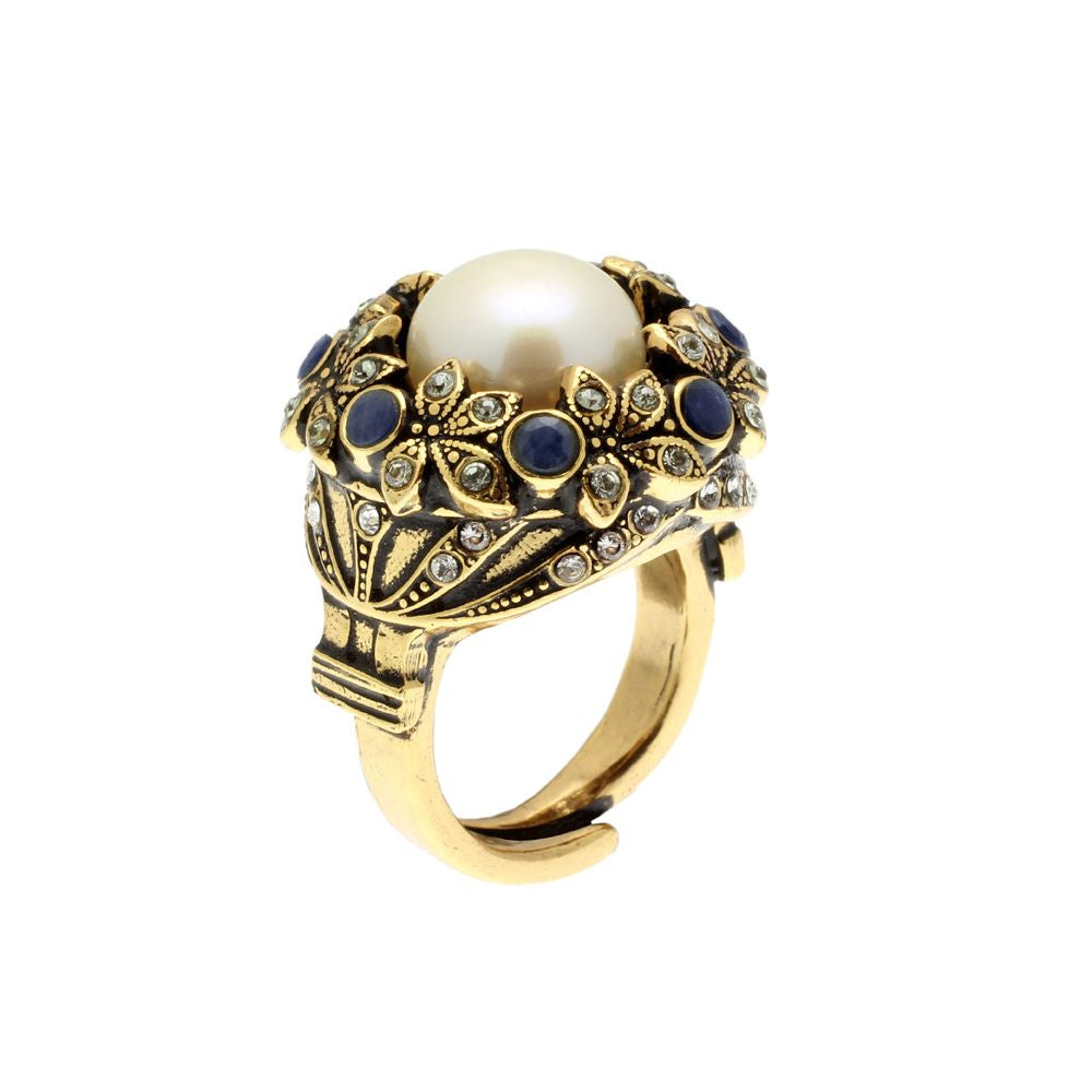 Anello Corona d’Alloro – Gioiello Artigianale in Ottone Dorato con Perla, Zaffiri e Swarovski (Codice: AN CORALL 01)