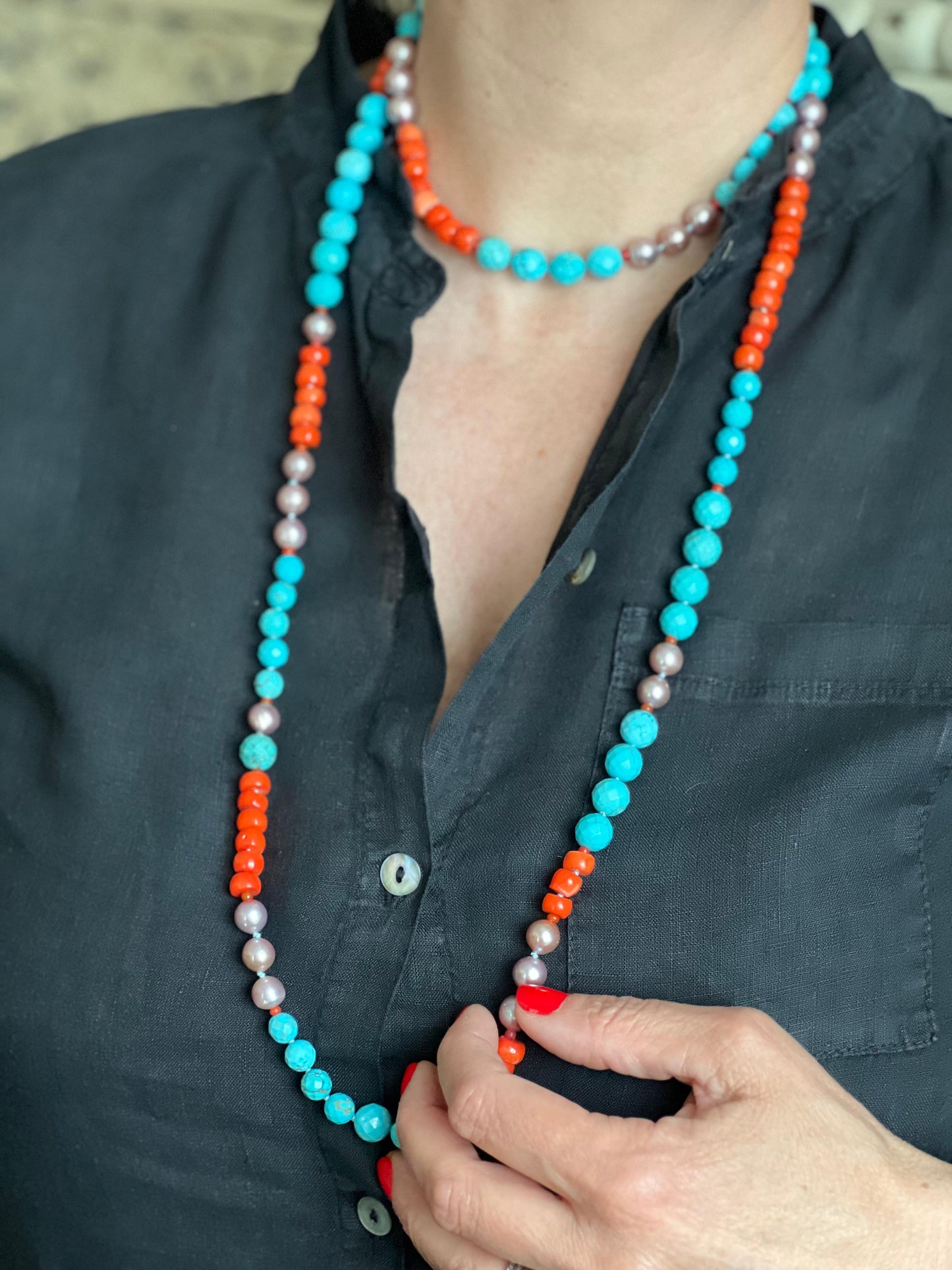 Collana Lunga Malva Turchese e Corallo