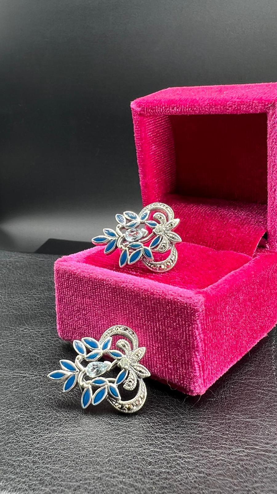 Orecchini in Argento con Smalti Blu, Marcassiti e Topazio Azzurro