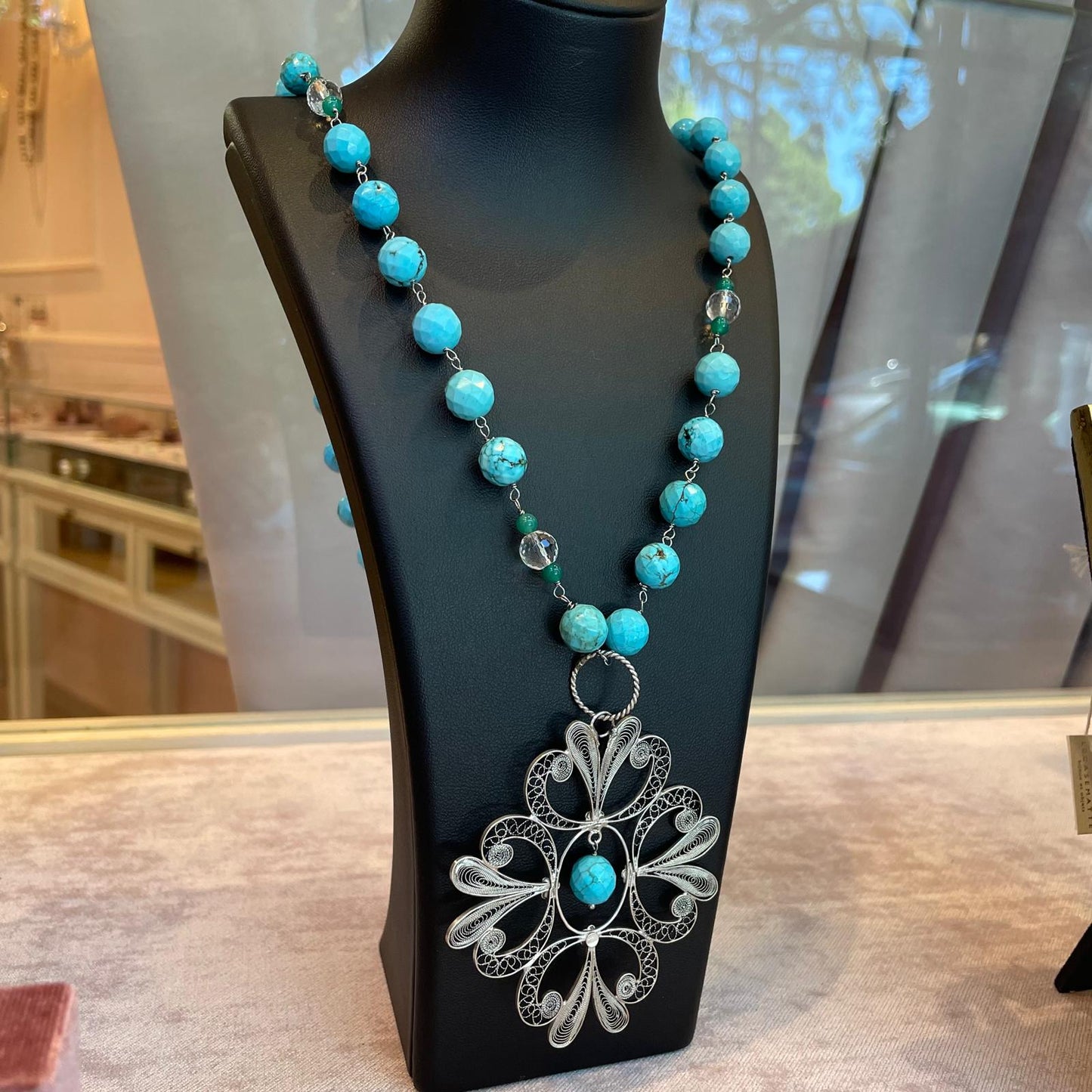 Collana Rosario con Aulite Turchese e Centrale in Filigrana