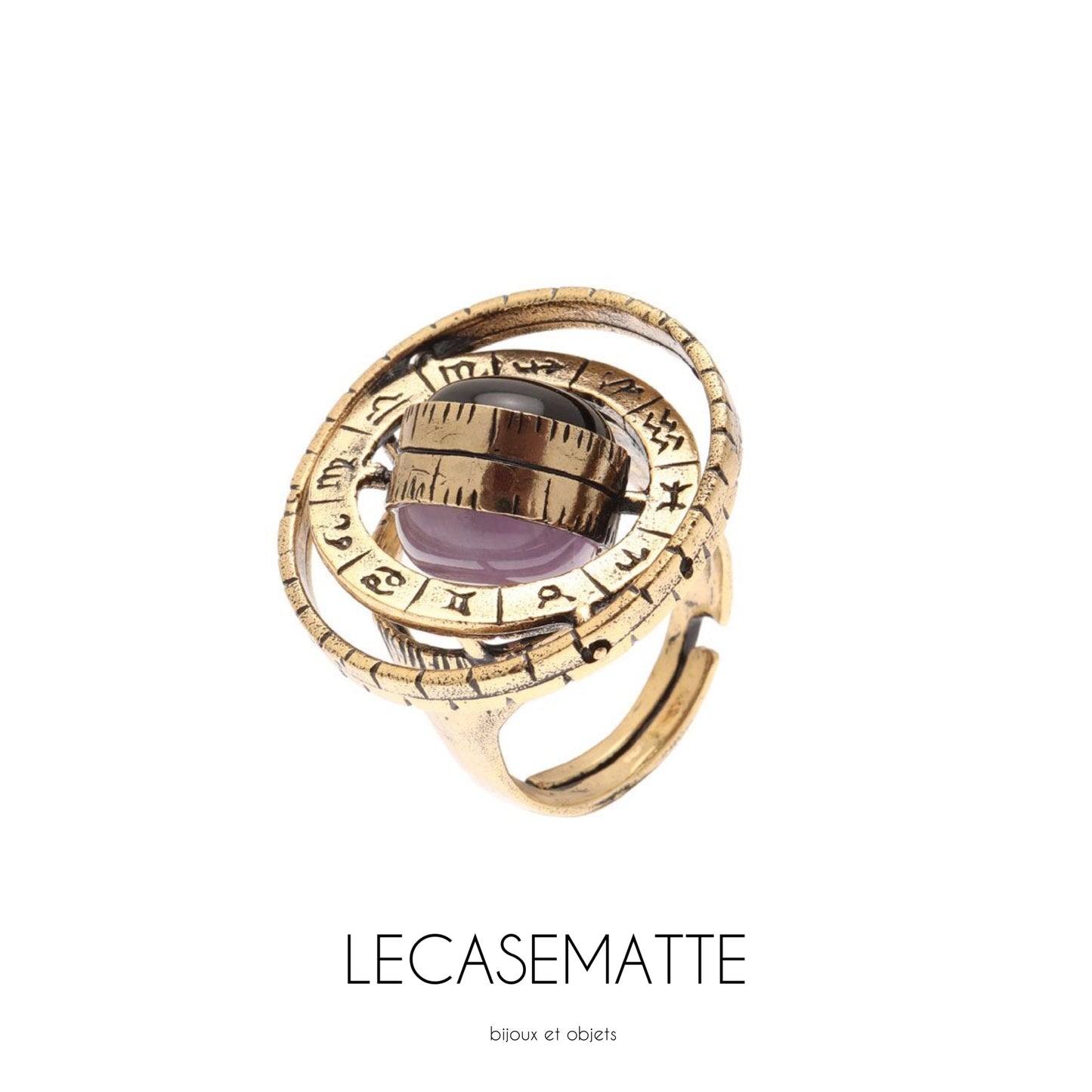Anello Armillare – Gioiello Artigianale in Ottone Dorato con Pietre Mobili