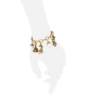 Bracciale Charms Natale - Bracciale Artigianale in Ottone Dorato con Perle, Corone e Granato