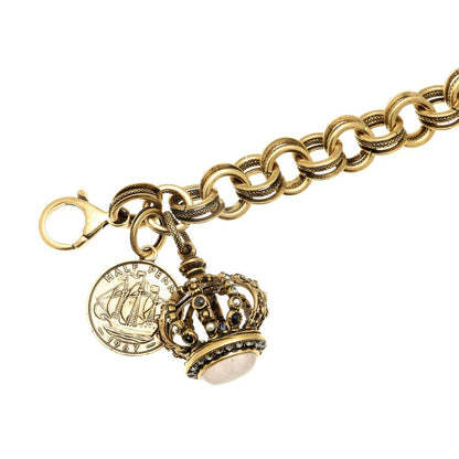 Bracciale con Corona e Moneta - Bracciale Artigianale in Ottone Dorato con Zaffiri, Perle e Quarzo Rosa