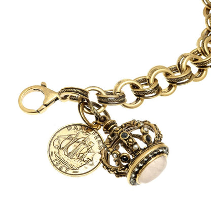 Bracciale con Corona e Moneta - Bracciale Artigianale in Ottone Dorato con Zaffiri, Perle e Quarzo Rosa