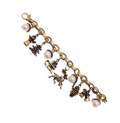 Bracciale Charms Natale - Bracciale Artigianale in Ottone Dorato con Perle, Corone e Granato