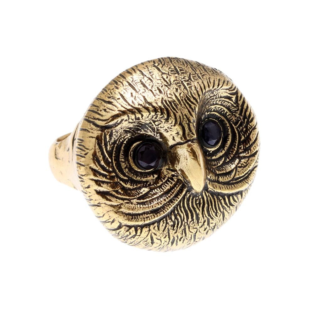 Anello Gufo Tondo - Gioiello Artigianale in Ottone Dorato con Occhi di Zaffiro