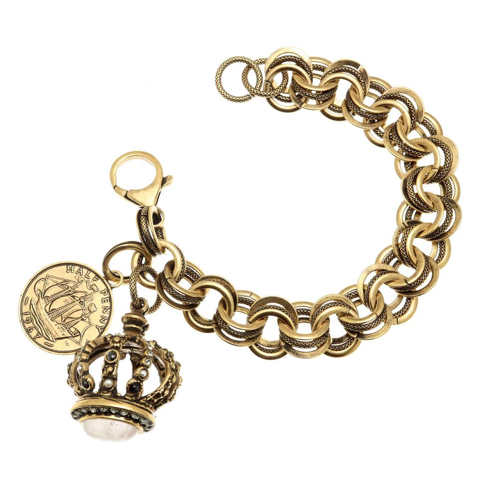 Bracciale con Corona e Moneta - Bracciale Artigianale in Ottone Dorato con Zaffiri, Perle e Quarzo Rosa