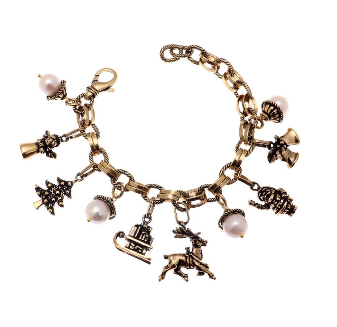 Bracciale Charms Natale - Bracciale Artigianale in Ottone Dorato con Perle, Corone e Granato