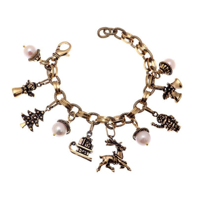 Bracciale Charms Natale - Bracciale Artigianale in Ottone Dorato con Perle, Corone e Granato