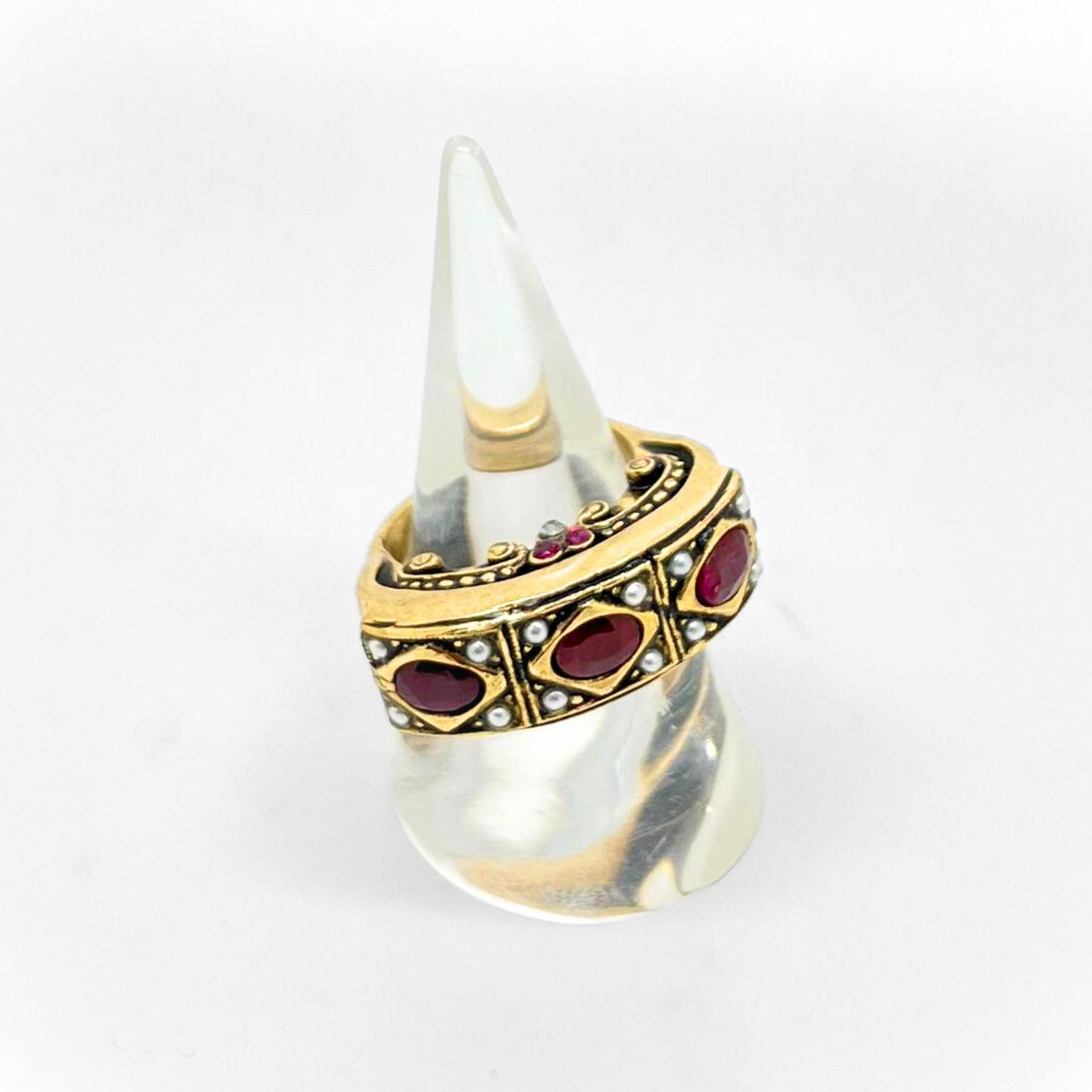 Anello Rinascimento - Anello Artigianale in Ottone Dorato con Rubini, Perline e Swarovski