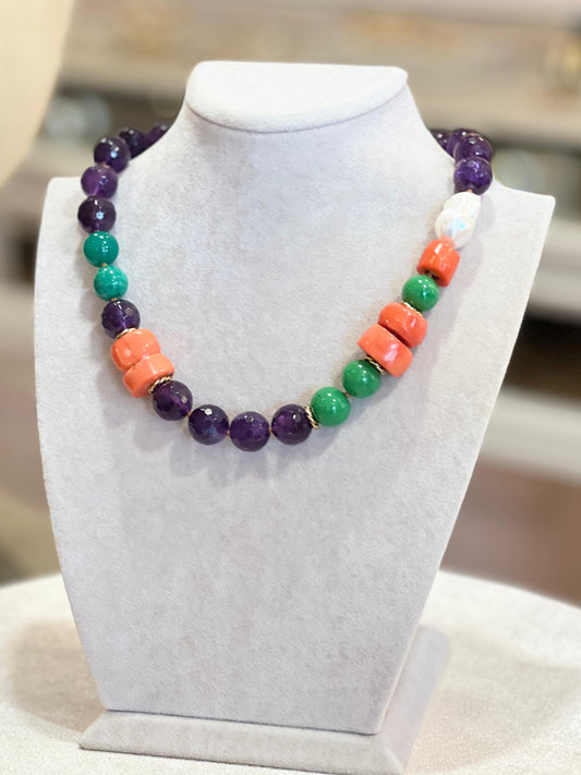 Collana Ametista, Corallo Bamboo e Perle Scaramazze (Codice: CO AMCO 001)