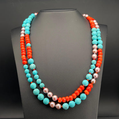Collana Lunga Malva Turchese e Corallo