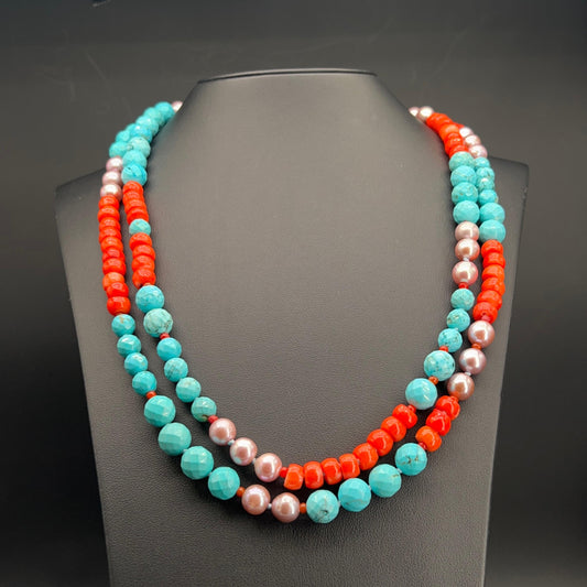 Collana Lunga Malva Turchese e Corallo