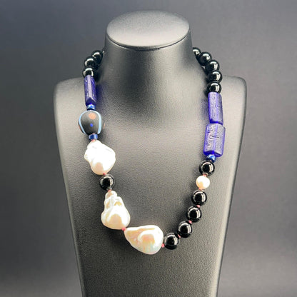 Collana a Nodi con Onice, Perle Scaramazze e Vetro di Murano