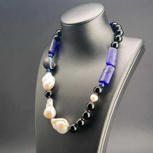Collana a Nodi con Onice, Perle Scaramazze e Vetro di Murano