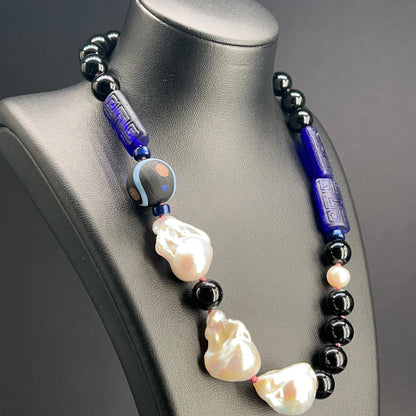 Collana a Nodi con Onice, Perle Scaramazze e Vetro di Murano