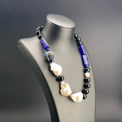 Collana a Nodi con Onice, Perle Scaramazze e Vetro di Murano