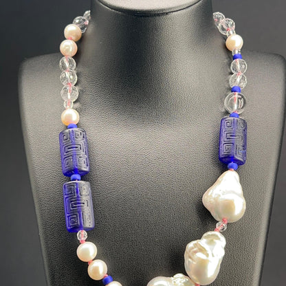 Collana a Nodi con Cristallo di Rocca, Perle Scaramazze e Vetro di Murano