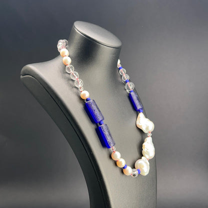 Collana a Nodi con Cristallo di Rocca, Perle Scaramazze e Vetro di Murano
