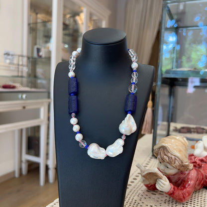 Collana a Nodi con Cristallo di Rocca, Perle Scaramazze e Vetro di Murano