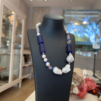 Collana a Nodi con Cristallo di Rocca, Perle Scaramazze e Vetro di Murano