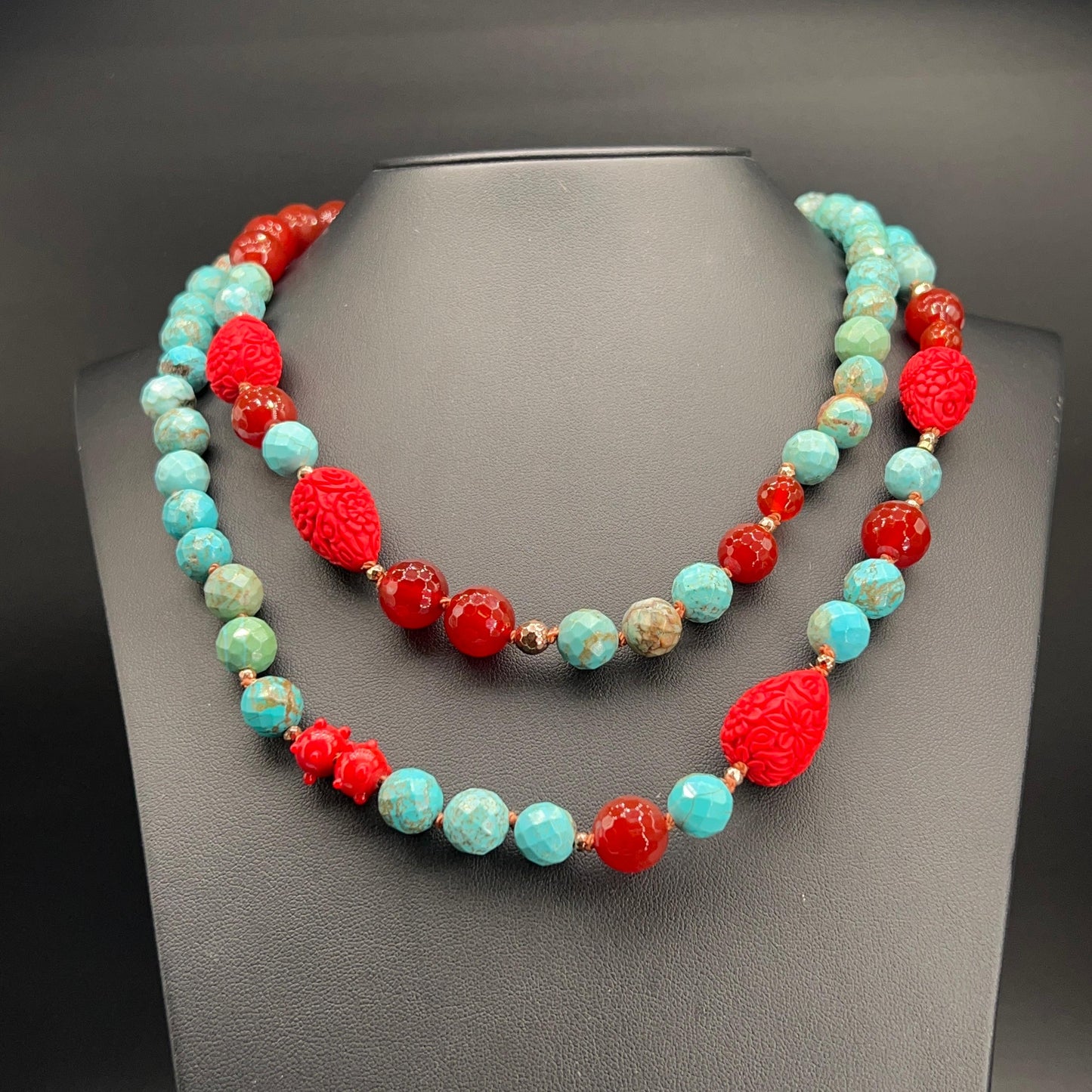 Collana Lunga con Aulite Turchese e Corniola