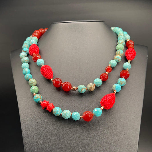 Collana Lunga con Aulite Turchese e Corniola