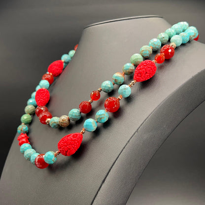 Collana Lunga con Aulite Turchese e Corniola