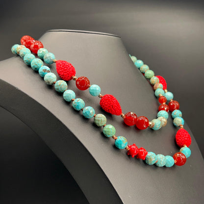 Collana Lunga con Aulite Turchese e Corniola