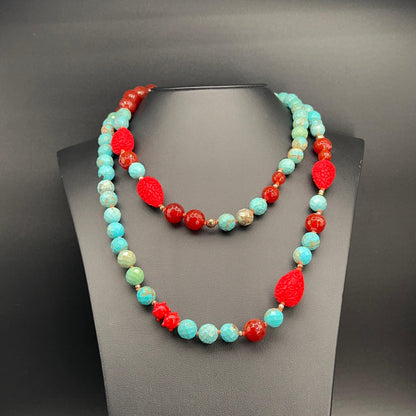 Collana Lunga con Aulite Turchese e Corniola