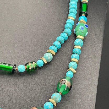 Collana Lunga con Aulite Turchese e Perle di Murano