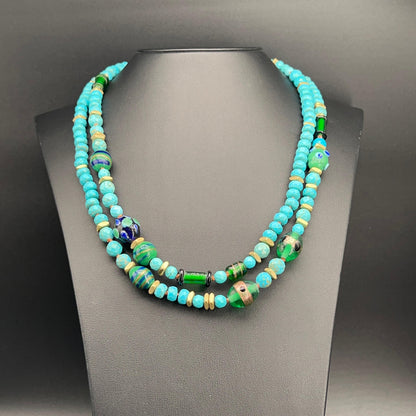 Collana Lunga con Aulite Turchese e Perle di Murano