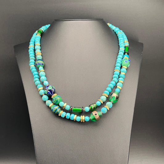 Collana Lunga con Aulite Turchese e Perle di Murano
