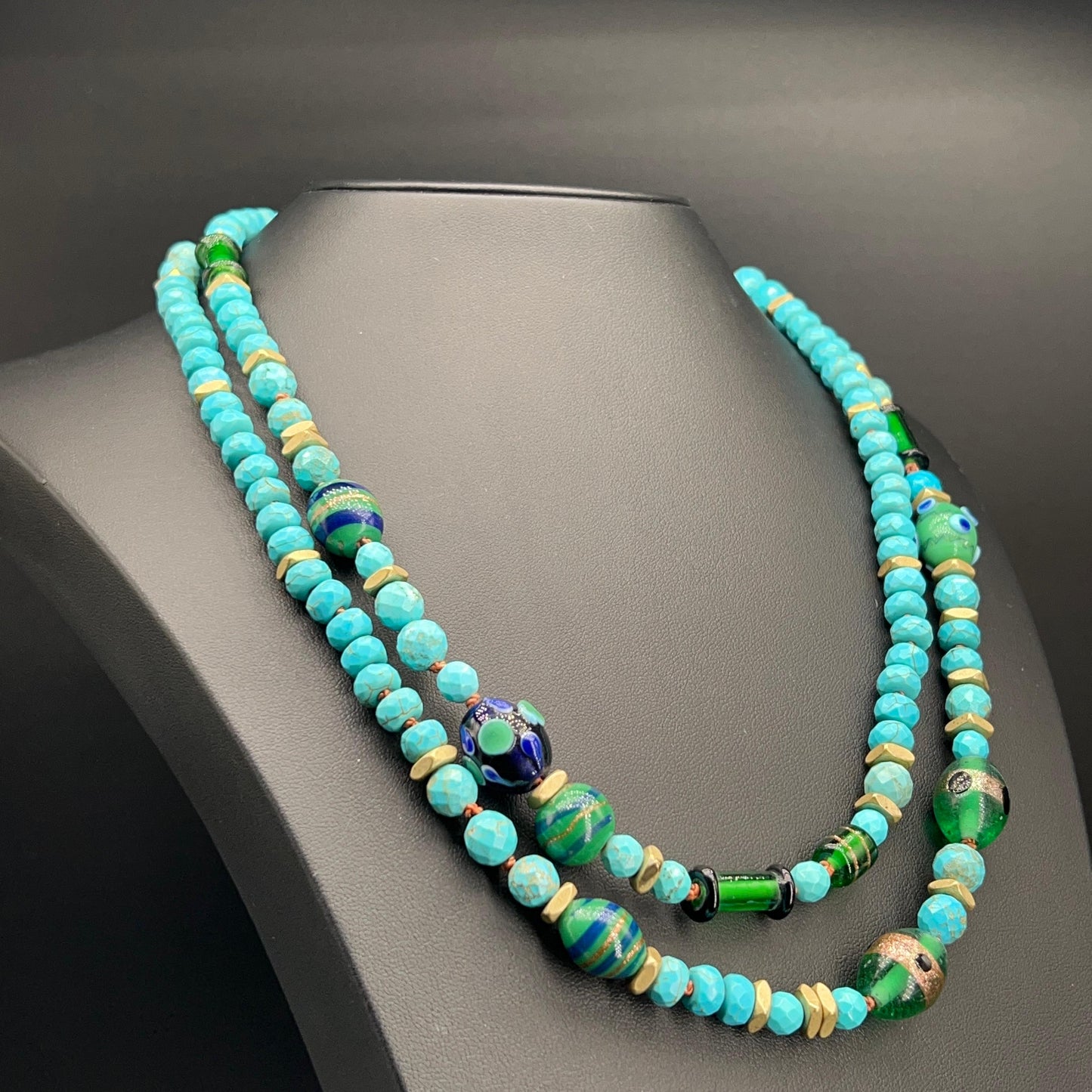Collana Lunga con Aulite Turchese e Perle di Murano