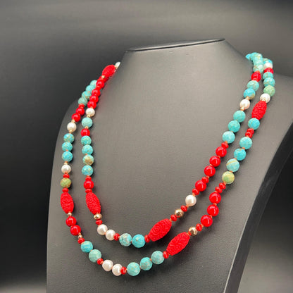 Collana Lunga con Aulite Turchese e Bamboo