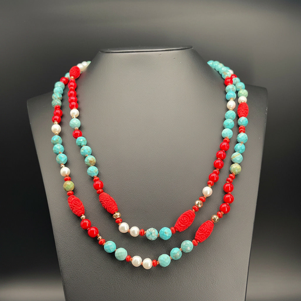 Collana Lunga con Aulite Turchese e Bamboo
