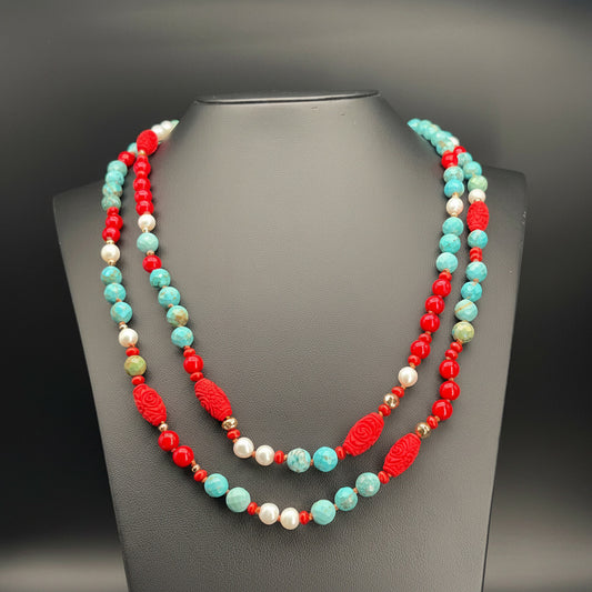 Collana Lunga con Aulite Turchese e Bamboo