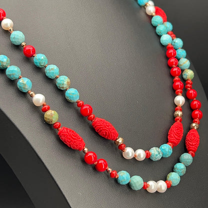 Collana Lunga con Aulite Turchese e Bamboo