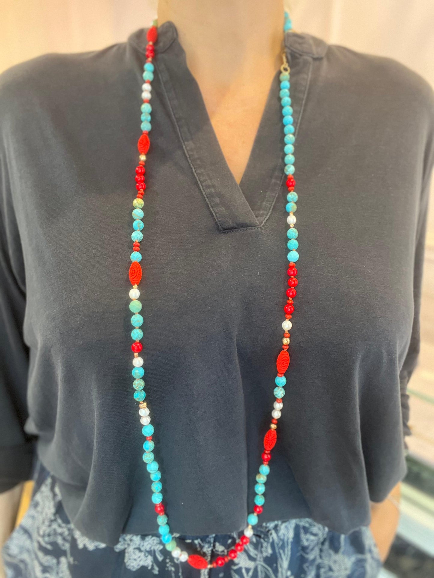 Collana Lunga con Aulite Turchese e Bamboo