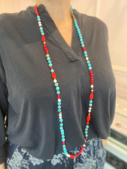 Collana Lunga con Aulite Turchese e Bamboo