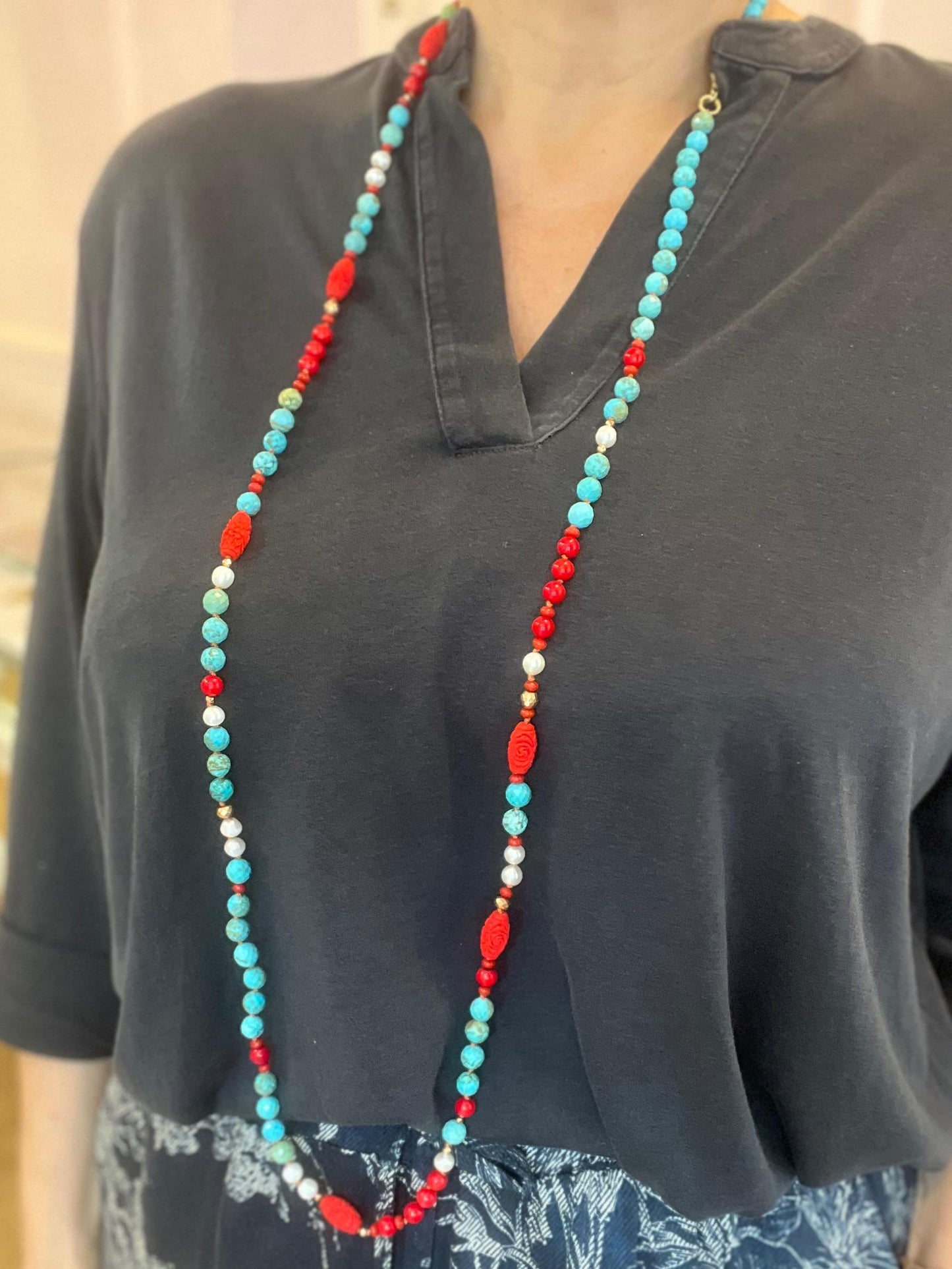 Collana Lunga con Aulite Turchese e Bamboo