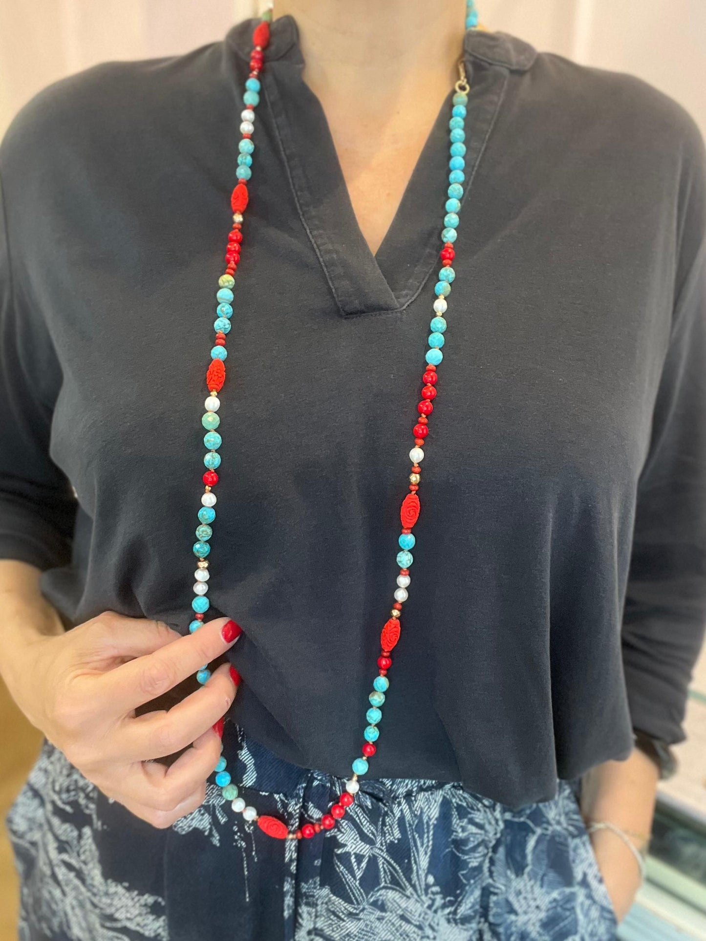 Collana Lunga con Aulite Turchese e Bamboo