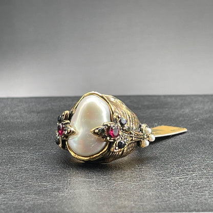 Anello Regolabile con Perla Coltivata, Granato, Zaffiri e Swarovski