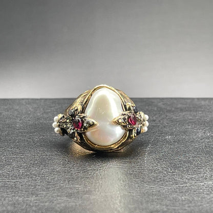 Anello Regolabile con Perla Coltivata, Granato, Zaffiri e Swarovski