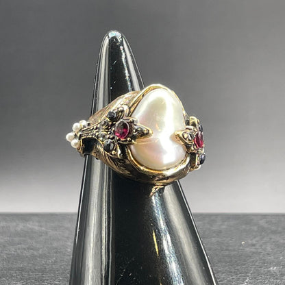 Anello Regolabile con Perla Coltivata, Granato, Zaffiri e Swarovski