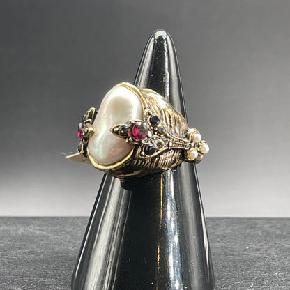 Anello Regolabile con Perla Coltivata, Granato, Zaffiri e Swarovski