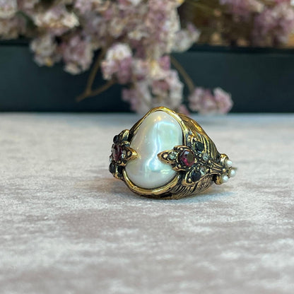 Anello Regolabile con Perla Coltivata, Granato, Zaffiri e Swarovski