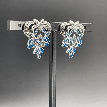 Orecchini in Argento con Smalti Blu, Marcassiti e Topazio Azzurro