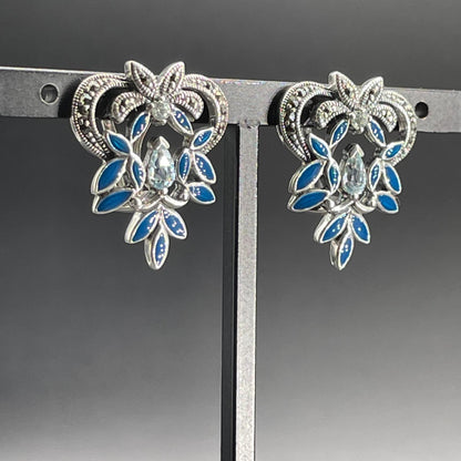 Orecchini in Argento con Smalti Blu, Marcassiti e Topazio Azzurro