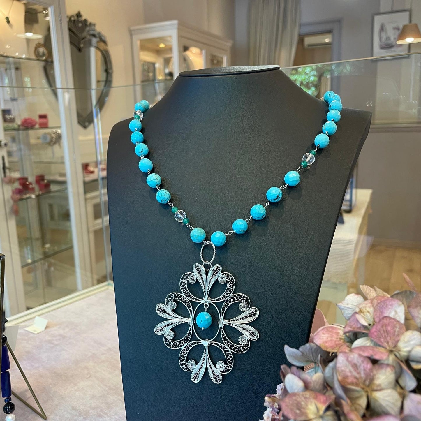 Collana Rosario con Aulite Turchese e Centrale in Filigrana